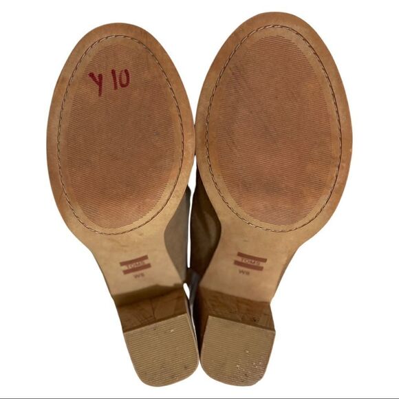 TOMS Tan Elba Suede Perforated Peep Toe Heeled Sandal - Picture 8 of 9